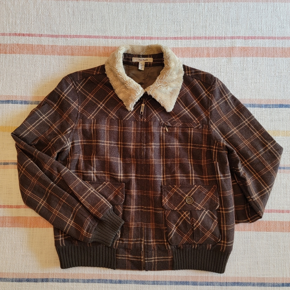 Free People Wool Plaid Brown/Tan Bomber Jacket, SZ M